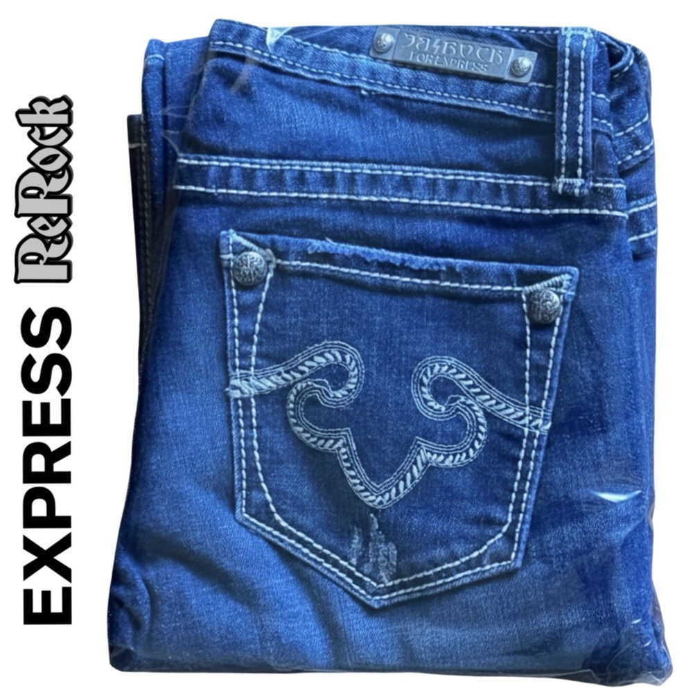 NEW Express ReRock Women’s Jeans, Retro Slim Bootcut, Distressed, Sanded Size 0R - Picture 12 of 12